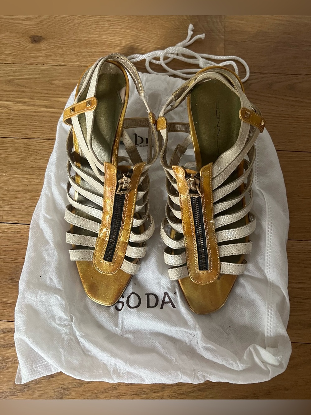 Gold and White Strappy Sandals with Front Zipper